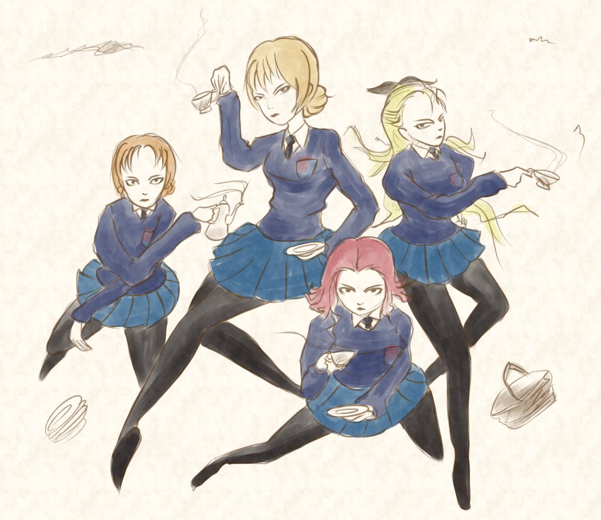 アッサム(ガルパン) ,ダージリン(ガルパン) ,オレンジペコ(ガルパン) ,ローズヒップ(ガルパン) 「#みんなの作品の振り幅見せて年代の振り幅は広い方だと思います 」|キタのイラスト