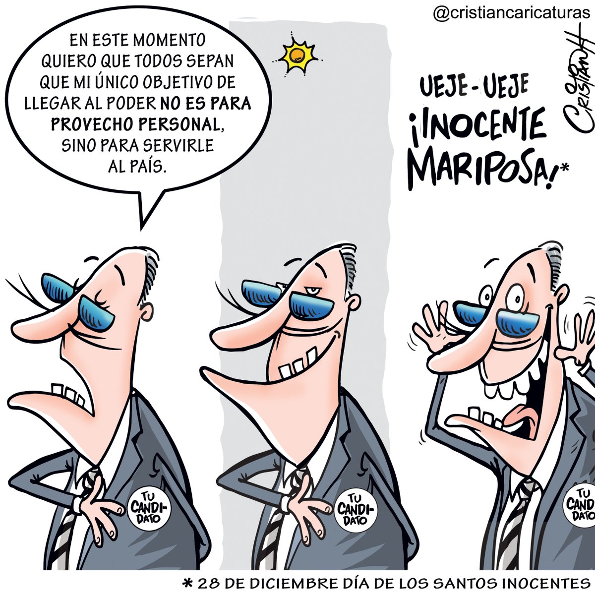 Día de los Santos Inocentes.

Mi caricatura del jueves 28 de diciembre 2023 en el periódico <a href="/ElDia_do/">Periódico El Día</a>
.
.
.
.
#DiaDeLosInocentes #InocenteMariposa #bromas #mentiras #políticos #criscaricaturas #SantosInocentes