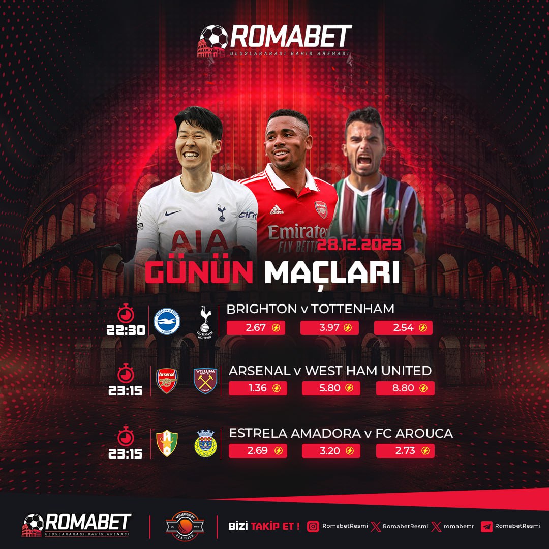 RomabetG's tweet photo. 🔥 #ROMABET'TE GÜNÜN  KARŞILAŞMALARI 🔥

⚽ #Brighton 🆚 #Tottenham
⚽ #Arsenal 🆚 #WestHamUnited
⚽ #EstrelaAmadora 🆚 #FcArouca

💰 Kripto ile 1.000.000'ye Kadar
💰 Çekim İmkanı!

#freespin #slot #Malatya Müjdeler Olsun #SONDAKİKA Serdal Adalı #gubrf Yusuf Sarı #asgariücret https://t.co/MaeaXXdgxm