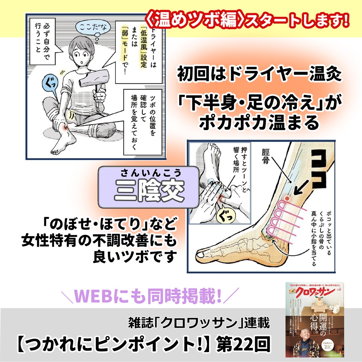 12/25発売の雑誌「クロワッサン」の方にも
連載「つかれにピンポイント!」第22回 掲載されています
雑誌とweb同日掲載です
よろしくお願いします(^∇^)!
「足の冷え」改善!温めツボ➡️
https://t.co/y1SawIncXH
クロワッサン➡️
https://t.co/MICBaKjCFo