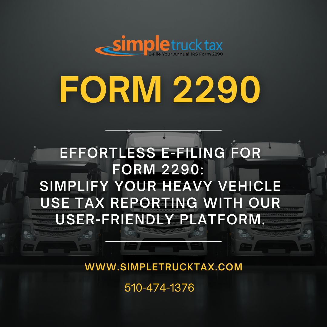 Effortless E-Filing for Form 2290
Visit simpletrucktax.com

#TruckersView #2290Filing #DieselPower #TaxTime ##LongHaulLife #Form2290Filing #TruckingIndustry #IRS2290 #CargoKing #TaxSavings #TruckinDaily #2290Deadline #BigRigNation #TaxSmart #TruckersUnion #Form2290 #HVUT