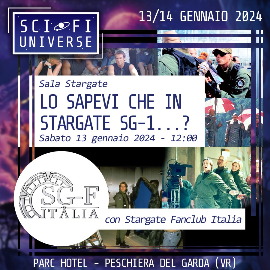 Per tutti gli appassionati di #Stargate e non solo… l’associazione #StargateFanclubItalia curerà una conferenza alla #SFU2024 dal titolo “Lo sapevi che in Stargate SG-1…?”. Si terrà sabato 13 gennaio alle ore 11:30 in sala Stargate. Non mancate! #SciFiUniverseIT #StargateSG1