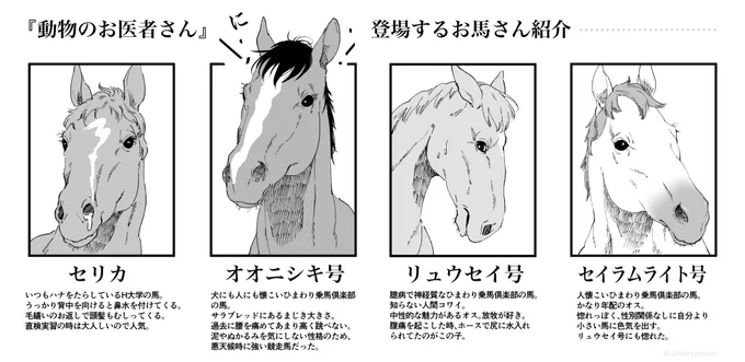 動物のお医者さん新装版が出るとのことで、作中出てくる個性的なお馬さん達。菅原教授もいいぞ。 