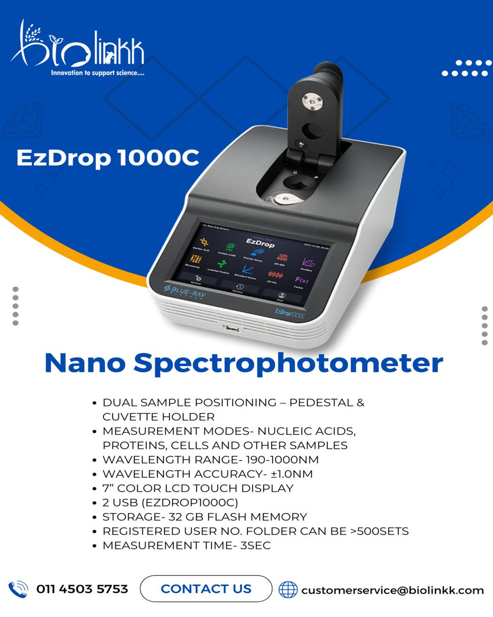 BiolinkkM's tweet photo. "Revolutionize your lab experience with EzDrop 1000C Micro-Volume/Cuvette Spectrophotometer! 🧪⚙️ Say goodbye to lengthy waiting times as it delivers precise measurements in just 3 seconds. Elevate your research game with EzDrop 1000C! 🚀🔬 #LabInnovation #Spectrophotometry" https://t.co/EKMllMUtN7