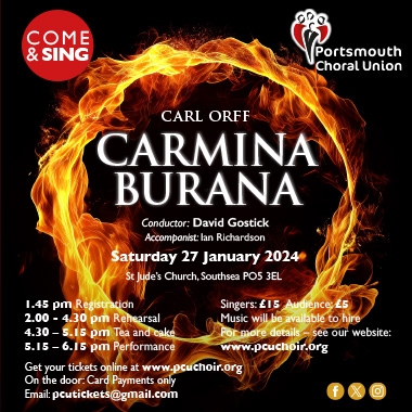Portsmouth Choral Union (@pcuchoral) on Twitter photo You may have heard it countless times before, but O Fortuna from Carl Orffās Carmina Burana, composed in 1935, might be the most frequently played choral work of the last hundred years.
Come and sing with <a href="/PCUChoral/">Portsmouth Choral Union</a> on 27th January 2024
Tickets: pcuchoir.org/tickets You may have heard it countless times before, but O Fortuna from Carl Orffās Carmina Burana, composed in 1935, might be the most frequently played choral work of the last hundred years.
Come and sing with <a href="/PCUChoral/">Portsmouth Choral Union</a> on 27th January 2024
Tickets: pcuchoir.org/tickets