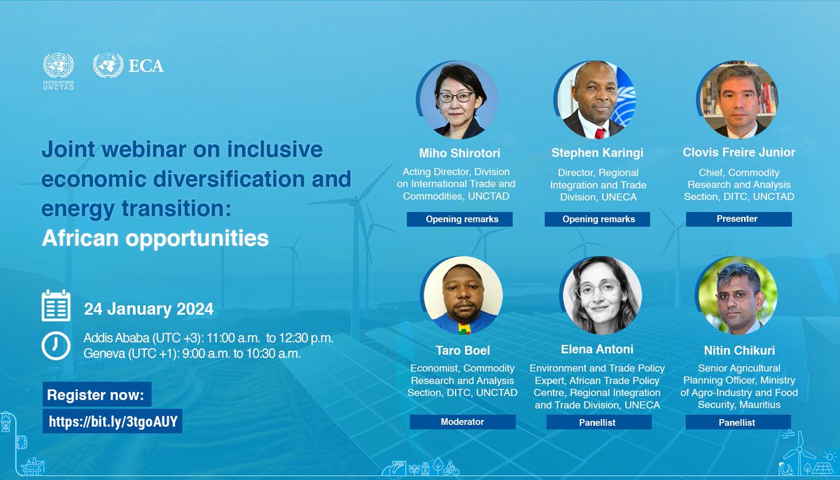 Join @UNCTAD & @ECA_OFFICIAL experts on 24 Jan to explore opportunities for Africa in inclusive economic diversification & the global energy transition. Learn the key findings of UNCTAD's Commodities and Development Report 2023. Register now: ➡️bit.ly/3tgoAUY