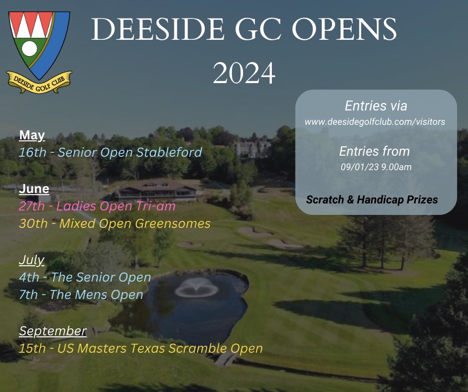 🏆 Deeside Opens 2024 🚨

Please find below dates of all our opens in 2024.
Entry will go live at 9am on Tuesday 9th January via the following link: deesidegolfclub.com/visitors/open-…

We look forward to welcoming you to Deeside in 2024 ⛳️