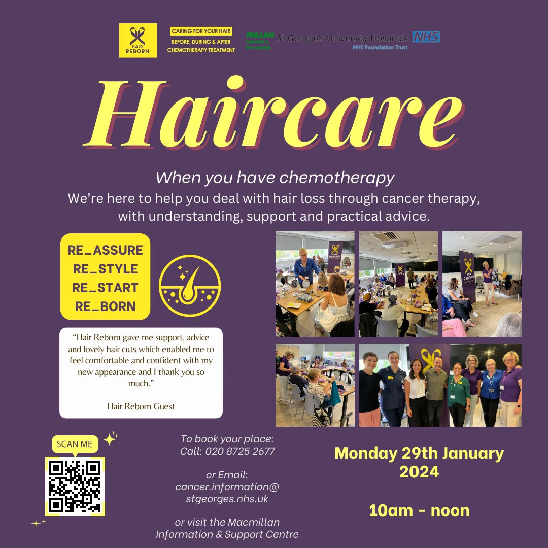 We’re here to help you deal with hair loss through cancer therapy, with understanding, support and practical advice. Join us with @hair.reborn.charity on Monday 29th January 2024 at 10am-noon. Please call 020 8725 2677 to book your slot🎉