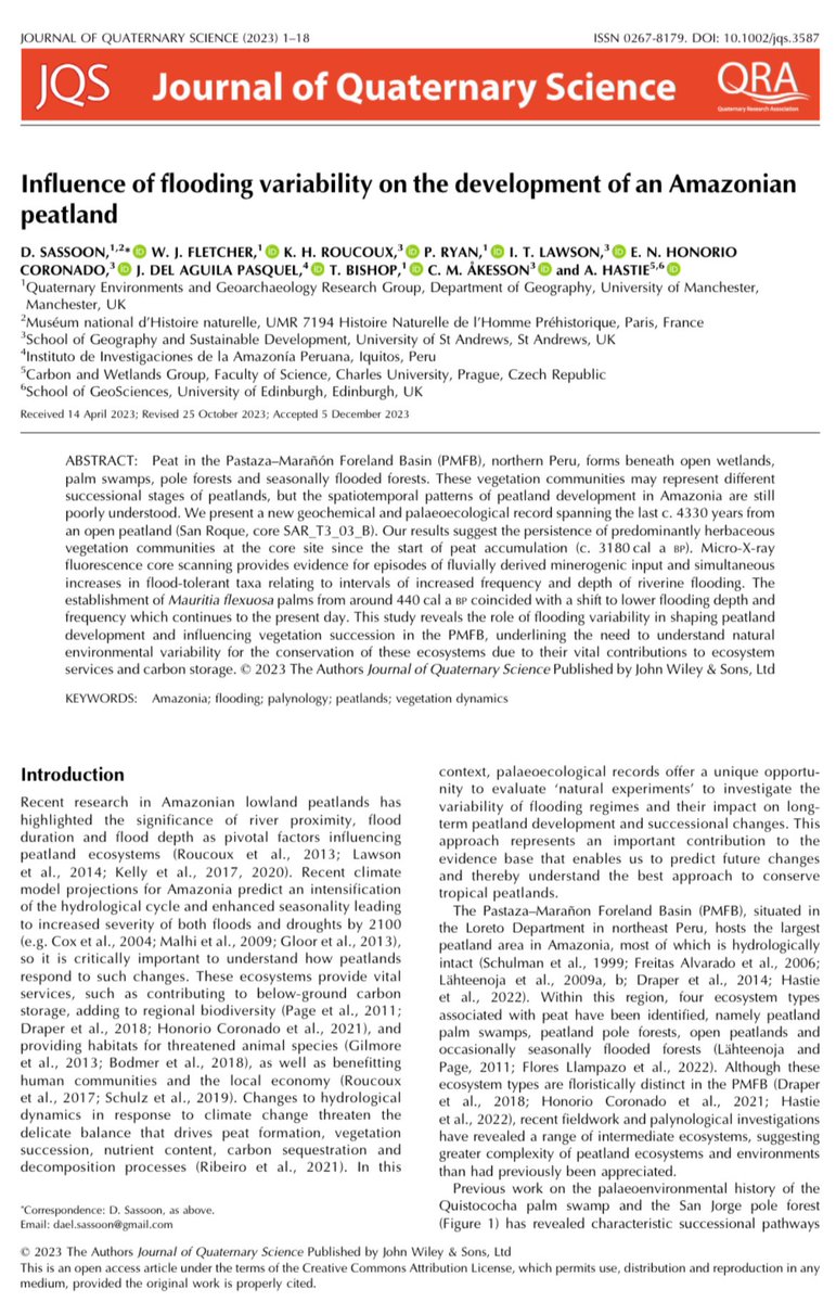 New #paper out today on the Journal of Quaternary Science today, looking at the “Influence of flooding variability in the development of an Amazonian peatland”! Proud to finally share some of the results from my #PhD!! Many thanks to all the co-authors. onlinelibrary.wiley.com/doi/epdf/10.10…