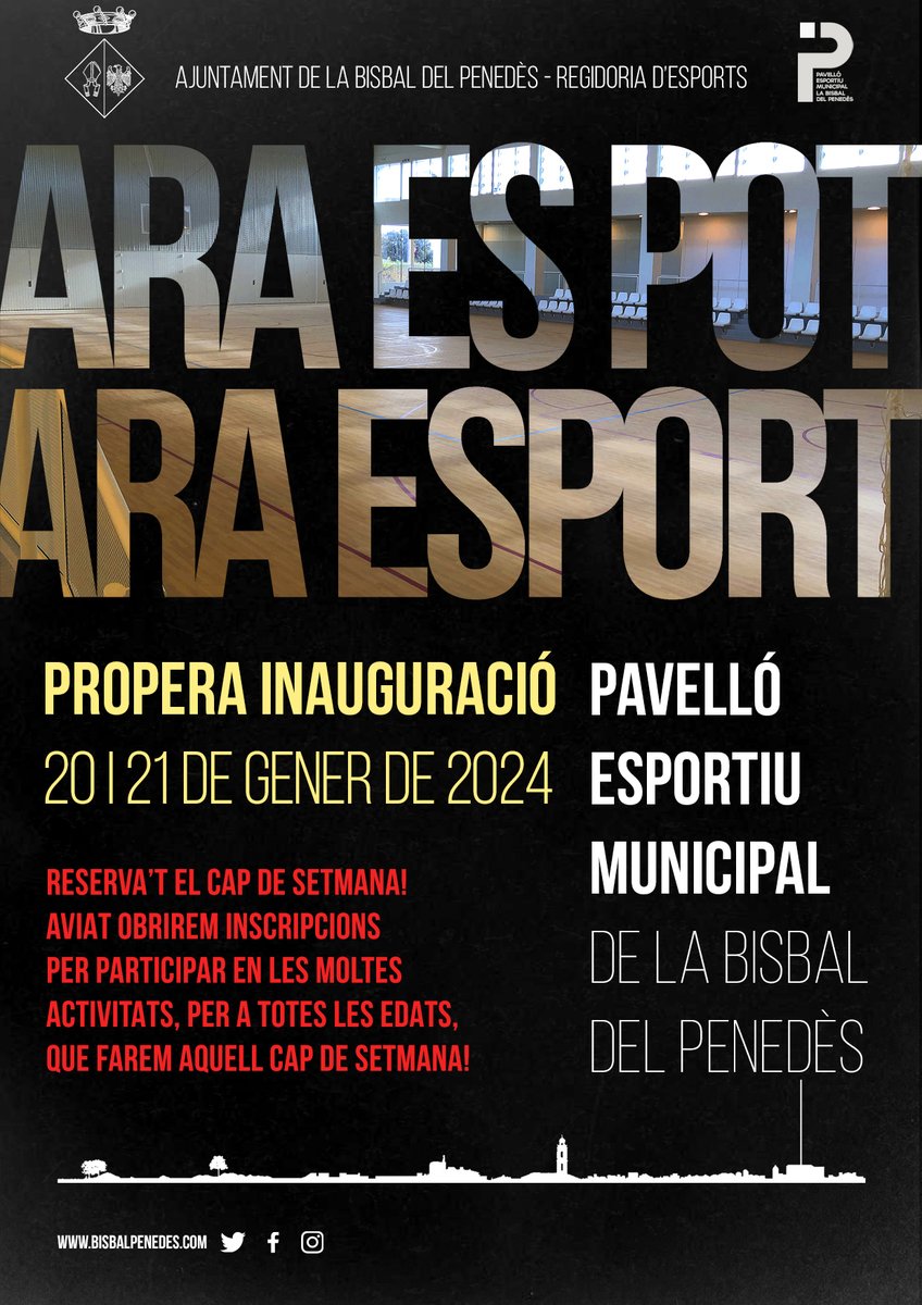 BisbalPenedes's tweet photo. ESPORTS 🥳 | Els dies 20 i 21 de gener inaugurarem el pavelló municipal!
⛹️♂️🤸♀️Reserveu-vos les dates, perquè farem activitats per a totes les edats. Serà un cap de setmana per gaudir del pavelló i de l’esport!
ℹ️https://t.co/MiuAtSj6VH
#PavellóBisbalPenedès #LaBisbalDelPEnedès https://t.co/ofkXktcaLD