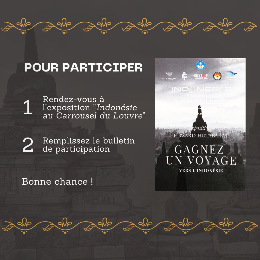 Royal_Group's tweet photo. JEU #CONCOURS
Jusqu’au 8 janvier 2024, tentez de gagner un #voyage vers l’#Indonésie, un #dîner gastronomique ou encore un livre de recette. ✈️ 📔

- Rendez-vous à l’#exposition « Indonésie au Carrousel du #Louvre ».
- Remplissez le bulletin de participation. https://t.co/3xD71J7sNj