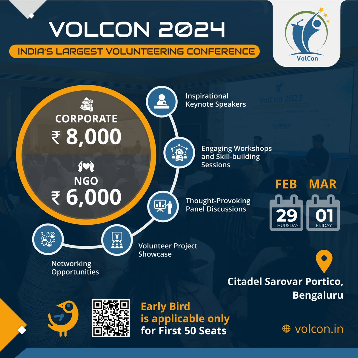 📢 Join #VolCon - India's Flagship Volunteering Conference 2024 with #EarlyBirdOffer.

🎟️ Early-bird discounted registration offer valid till Jan 5th for NGOs & Jan 12th for corporates.
🎉 Secure your spot with our exclusive offer available for the first 50 registrations only.