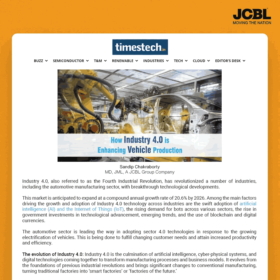 JcblLimited's tweet photo. Gain valuable perspectives on the profound impact of Industry 4.0 in shaping the future of vehicle production with insights from Sandip Chakraborty, MD of JML, a JCBL Group company
Read the full article : https://t.co/faREPEjb9k
#JCBL #TimesTech #JCBLMarrel #JML #MovingTheNation https://t.co/jMcVnUPRAf
