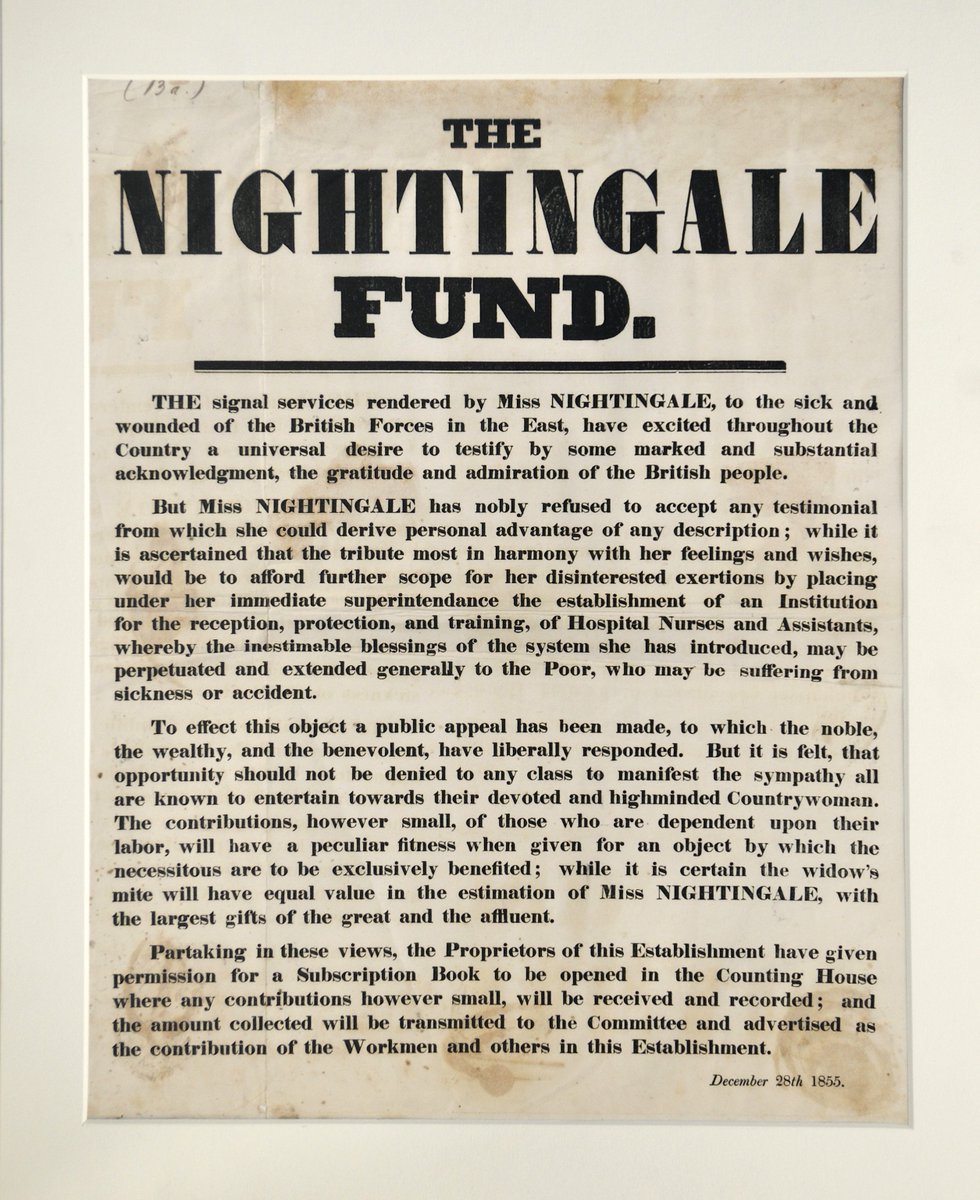 Museum Collection Highlight: This poster entitled 'The Nightingale Fund' is dated 28th December 1855 (#OTD #OnThisDay). During the Crimean War, a public fund was set up to honour Florence. Over £44,000 was raised, the equivalent of £2 million today. (🧵1/3)