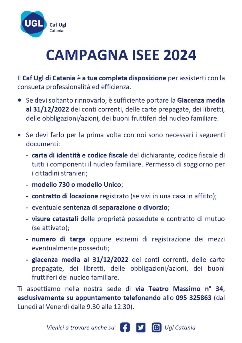 Dal 3 Gennaio parte la campagna Isee 2024. Ecco come fare per richiedere l'attestazione, il Caf Ugl di via Teatro Massimo n° 34 ti aspetta. Chiama allo 095325863 per prenotare un appuntamento.