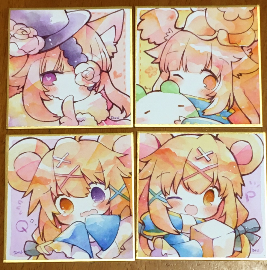 創作のミニ色紙、4枚できあがりました!
あとは版権を描きたいです。ゴールデングローちゃんとだれにしようかな～

#透明水彩 