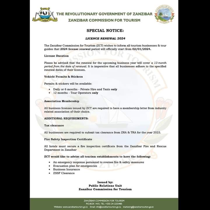 AbdallaZanzibar's tweet photo. To all Tourism businesses and Tour Guides 2024 license renewal period will official start from 02/01/2024
@zato_association 
@zati_association 
@hotelassociationzanzibar 
………………….
#tourism #2024 #licence #licencerenewal #business #zanzibar #zato #zati #haz #operation https://t.co/KhUCgsNCoy