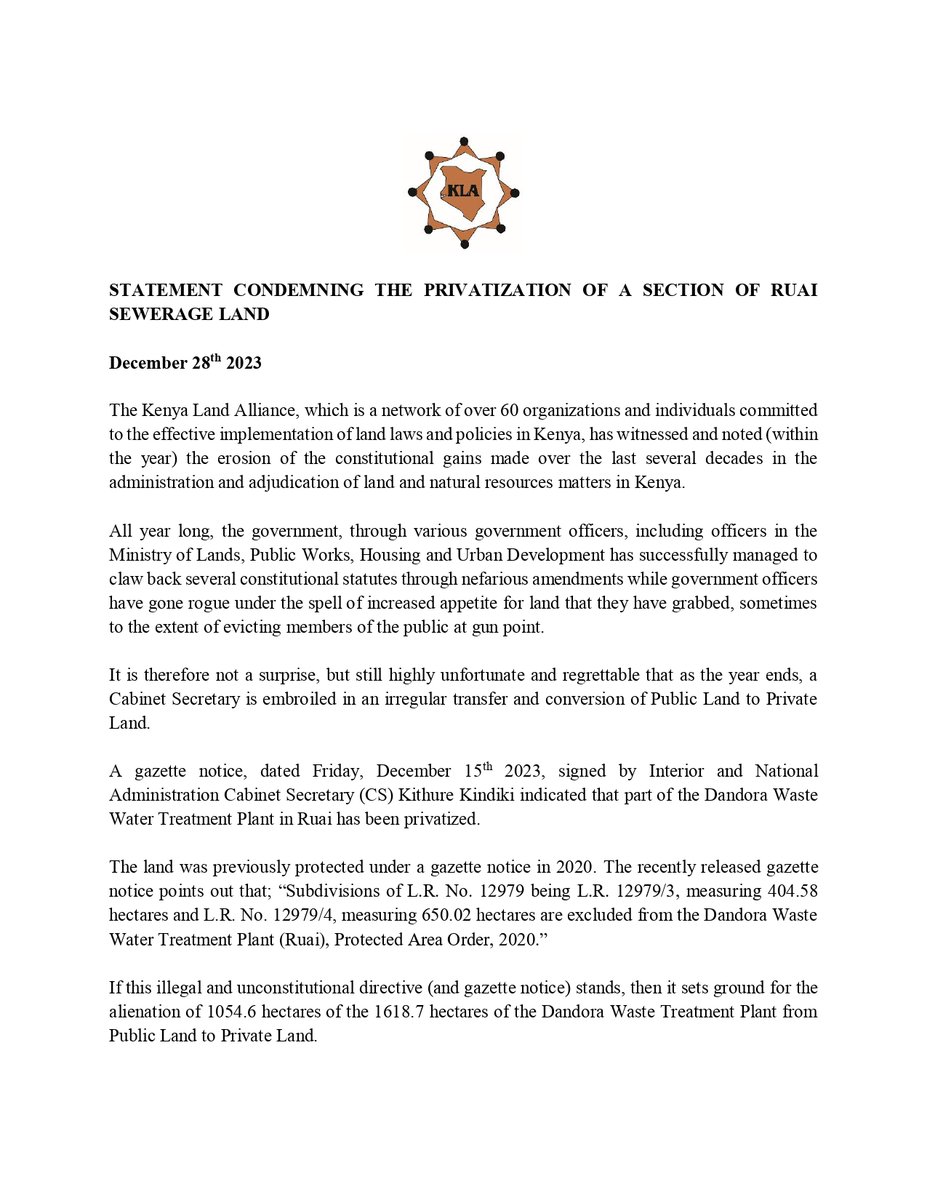 KLandalliance's tweet photo. FOR IMMEDIATE RELEASE:
Statement by the Kenya Land Alliance (KLA) on the privatization of a section of Ruai sewerage treatment plant land by CS @KindikiKithure.
@KindikiKithure @NLC_Kenya @Lands_Kenya @katibainstitute @OkiyaOmtatah @bonifacemwangi @citizentvkenya @Tuko_co_ke https://t.co/8Ppsn2axWs