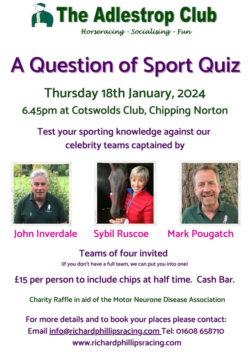 Brighten up your January by attending our fun 'Question of Sport Quiz' in Chipping Norton on Thursday 18th in aid of @mndassoc Our celebrity teams will be captained by Sybil Ruscoe, John Inverdale and Mark Pougatch and teams of four are welcome to try and beat them!