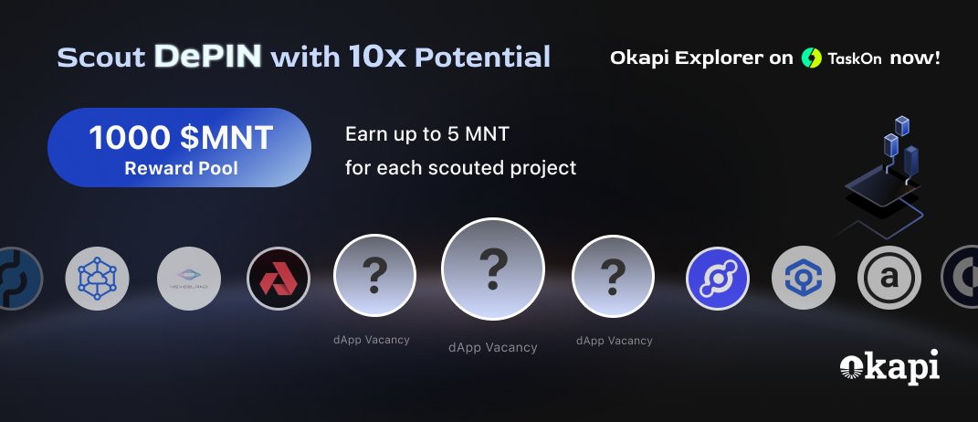 okapixyz's tweet photo. Okapi Explorer is on TaskOn now!
We've teamed up with @taskonxyz to bring you the 1st Okapi Explorer Program - DePIN Scouts!
Nominate a DePIN project that has 10x potential on Okapi to earn 1000 $MNT today ๐ก
Join Campaign: https://t.co/FsEA0cGnPN
#DiscoverOnOkapi #DePIN https://t.co/kJ558ZGl8X