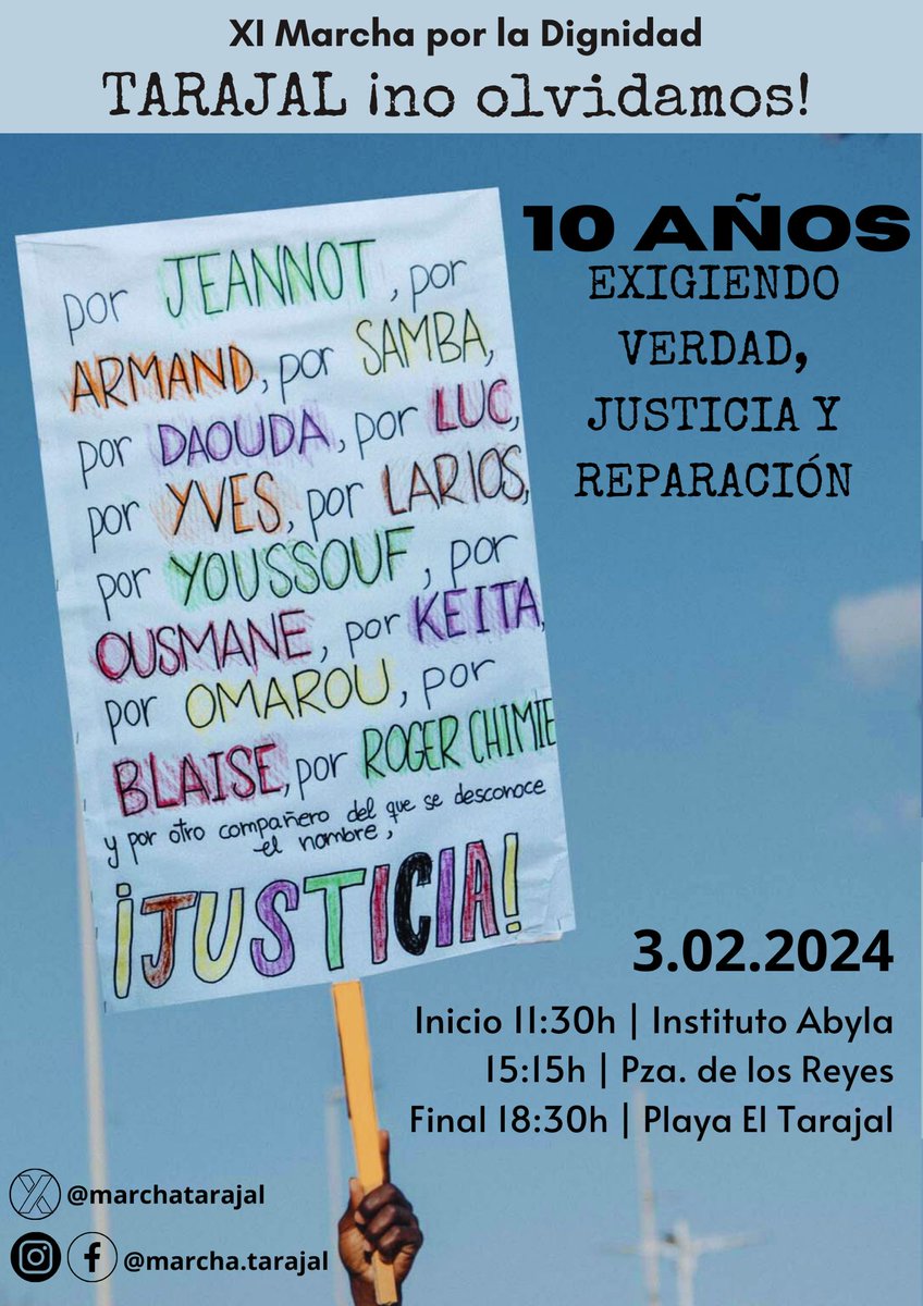 🗓️ ¡Reserva la fecha! 
3 de febrero de 2024 en CEUTA.
‼️Llega la XI MARCHA POR LA DIGNIDAD bajo el lema: "10 años exigiendo verdad, justicia y reparación"👈🏾
🗣️Próximamente compartiremos el programa de acciones que se están preparando. 
📸@car_martinn @estonovadefotos