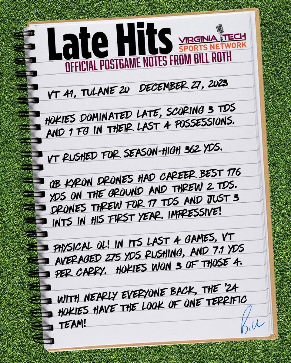 BillRoth2020's tweet image. Here are my post-game notes from the booth following VT's win over Tulane in Wednesday's Military Bowl.