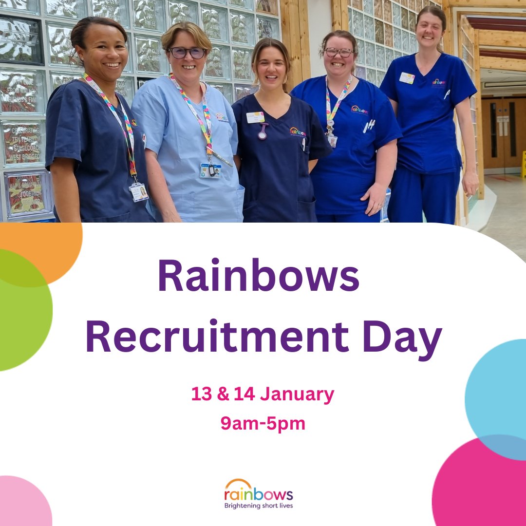 Save the date:
📅13 and 14 January 2024
⏲️ 9am-5pm
📍 Rainbows Hospice

Join us for our Recruitment Day and find out about the exciting career opportunities we have available and how you can be part of the rainbow.

Book your place today: rainbows.co.uk/fundraise/even…🌈