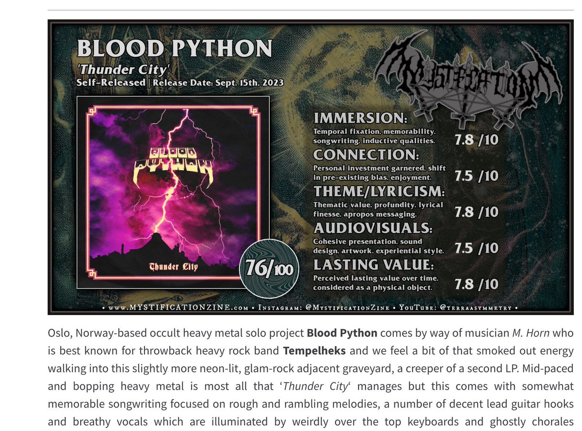 metalmessage's tweet image. 🆕 𝕽𝖊𝖛𝖎𝖊𝖜 ▶ 76 / 100 ◀
➤ "... a bit of that smoked out energy walking into this slightly more neon-lit, bordering on glam-rock graveyard ... a spooky piece …"
𖤐 𝐁𝐋𝐎𝐎𝐃 𝐏𝐘𝐓𝐇𝐎𝐍 • 🇳🇴 • 𝗢𝗰𝗰𝘂𝗹𝘁 𝗛𝗲𝗮𝘃𝘆 𝗠𝗲𝘁𝗮𝗹 #bloodpython
tinyurl.com/ypwh9jqh