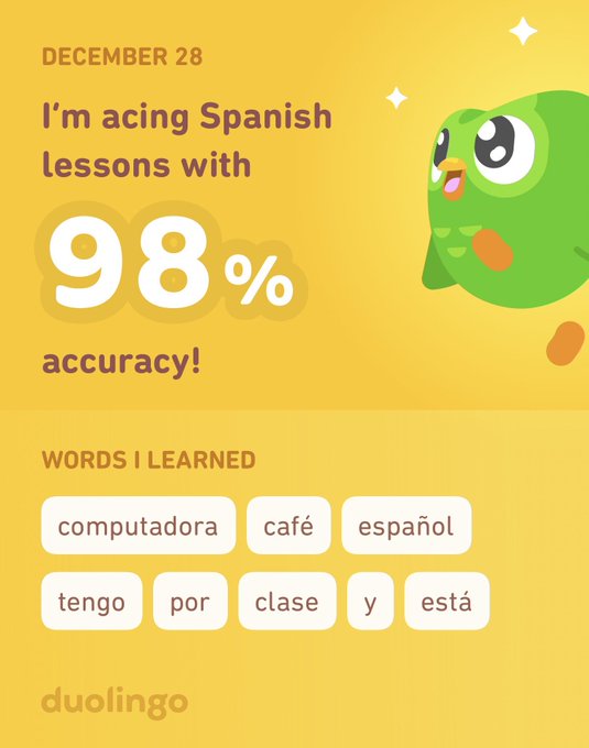 I&rsquo;m learning Spanish on Duolingo! It&rsquo;s free, fun, and effective. https://t.co/4MpTNiULvw