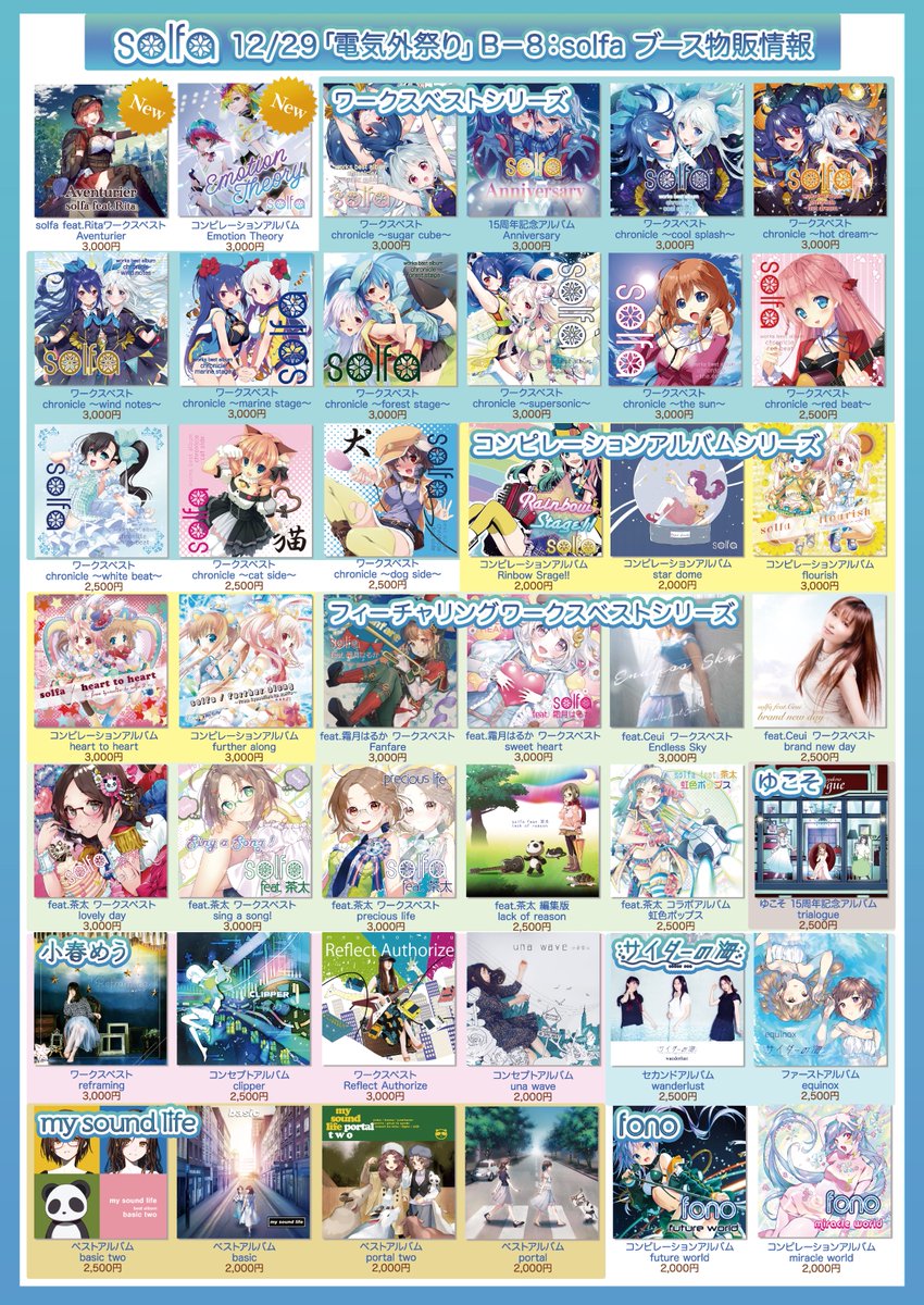 solfa_info's tweet image. 📢solfa 明日の電気外祭りお品書き📢

／
初めての電気外祭りはお祭り気分✨
1️⃣solfaタイトル全て持っていきます💿
2️⃣倉庫一掃🧹過去作１,０００円均一SALE開催🪂
3️⃣エアコミケ限定で発売した「#エアＫ」＆CF限定CDデッドストック限定発売💿
4️⃣CD購入３点以上「Dream…