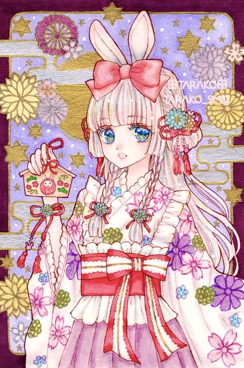 1girl solo animal ears braid blue eyes traditional media japanese clothes  illustration images
