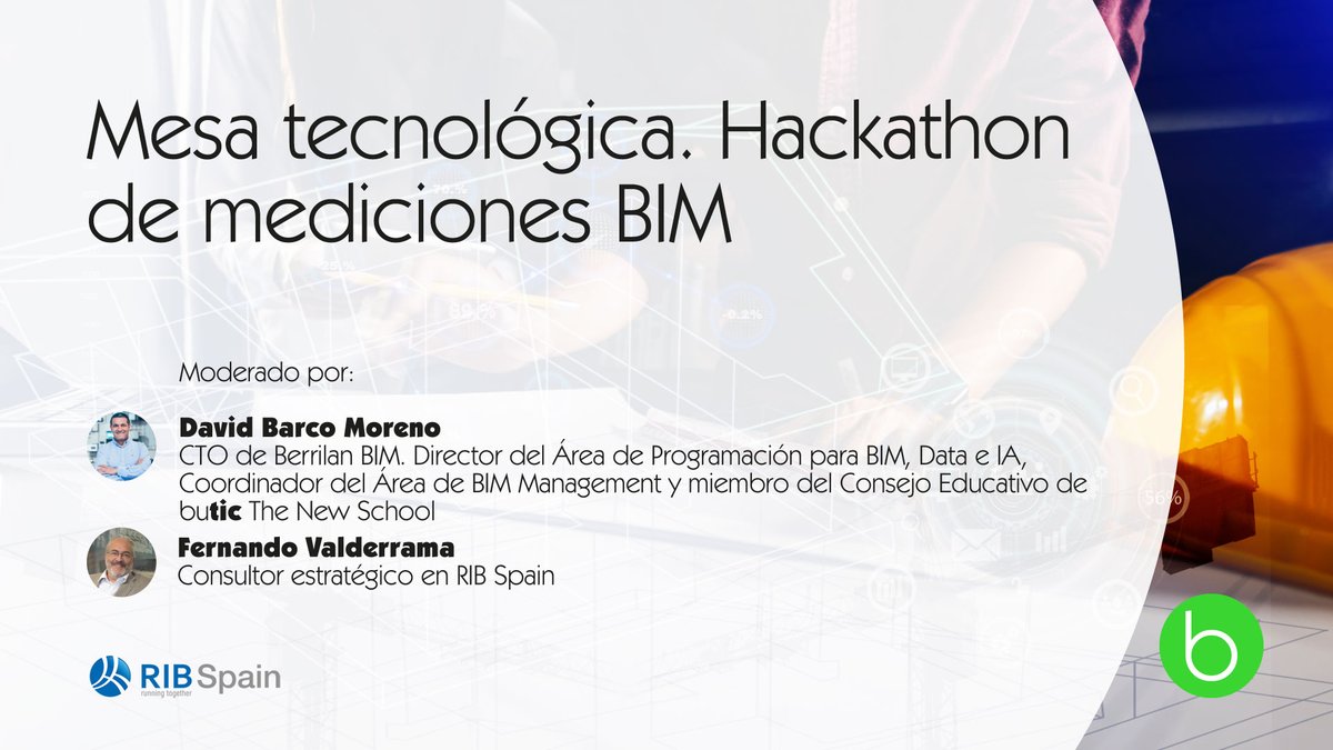 😎 El próximo 28-02 vamos a celebrar la 3ª edición de la #Mesatecnológica. Será una sesión muy dinámica dónde 2 grandes expertos del #BIM, como Fernando Valderrama y David Barco, te van a poner "a prueba".

Participa #online o #presencial, ¡TÚ ELIGES! 😉bit.ly/3RScs5Z