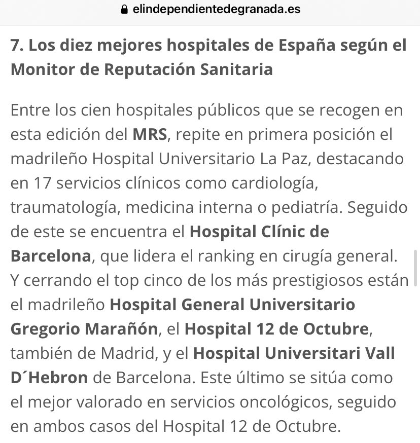 joancmarch's tweet photo. Los 10 mejores hospitales de España del Monitor de Reputación Sanitaria: 1os LaPaz y @hospitalclinic

024 Chat #SUICIDIO y jóvenes sin papel q debería haber jugado ni difusión haber tenido @GuilleCordoba97

Temas en mis #CrónicasSanitarias @IndeGranada 

✅https://t.co/q4C91S6DXa https://t.co/wvA58FJTbX