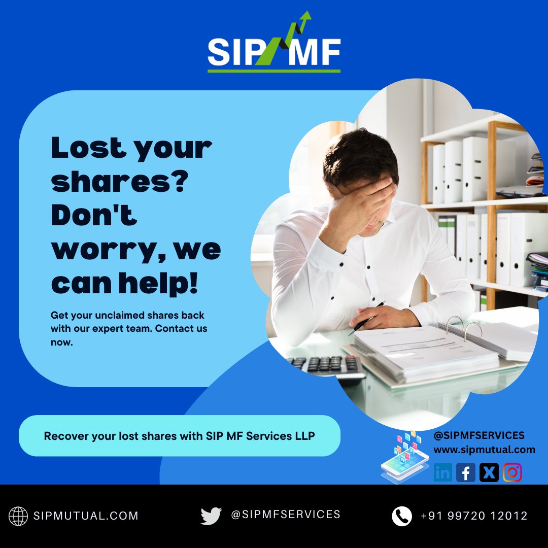 SIP_MF_LLP's tweet photo. When it comes to unclaimed shares, we mean business! Say goodbye to worry and hello to solutions with SIP MF Services LLP. Let us recover your lost fortunes. #sharesrecovery #financialrecovery #IEPF #InvestorProtection #InvestorEducation #investors https://t.co/sJuw1MIYft