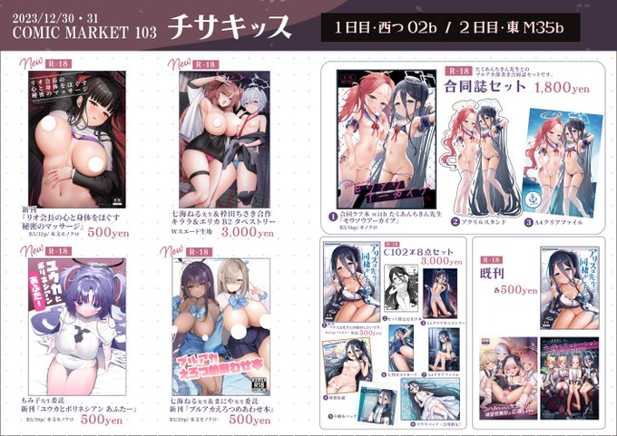 C103*1日目西つ02b/2日目東M35b 『チサキッス』のお品書きです! 1日目はお隣の七海ねる先生【@nnmi11】&まにや先生【@manya_drhr】と合同会計になります!  委託でもみ子先生【@momico_co18】の新刊もあります✨ それぞれの日程で特典が異なるので、ぜひスペースにお越しください～!