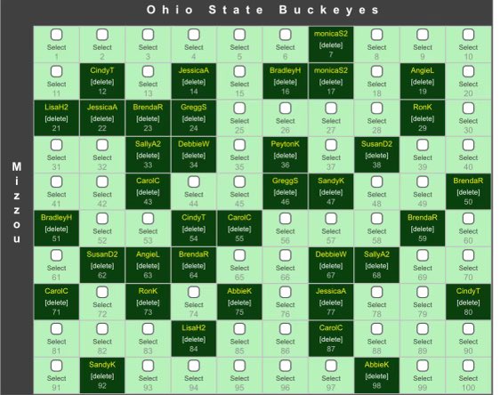 Squares available for OSU vs Mizzou. comment with how many squares you want. 
$10 a square, payout is $100 forward and $25 reverse per quarter. Venmo is @jeromesoftball