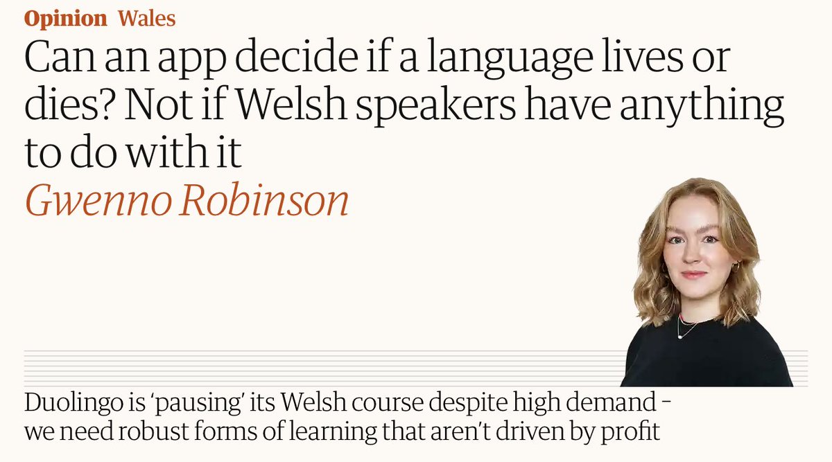 Beyond chuffed to have my first opinion piece published in the <a href="/guardian/">The Guardian</a> today!

I dissect the role of Big Tech &amp; technology in promoting endangered languages in light of Duolingo's decision to 'pause' its Welsh course.

link to read here :)
theguardian.com/commentisfree/…