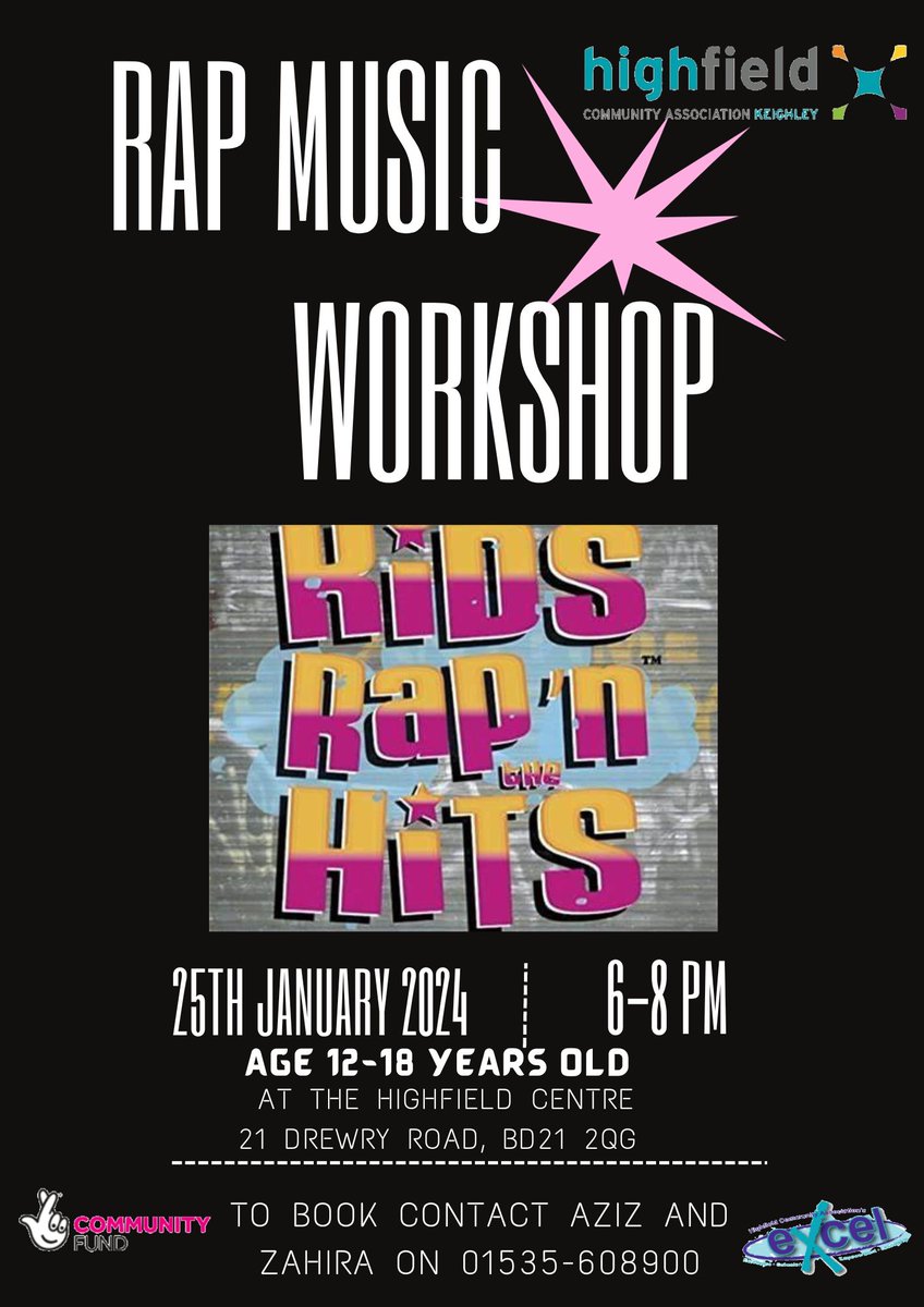Diane (@cdw_diane) on Twitter photo Want to try something new, then join us <a href="/keighleyhca/">Highfield Community Association Keighley</a> for an educational and fun rap workshop for young people aged 12+ with <a href="/WilkoWilkes/">Wilko Wilkes | Alternative Rapper</a> at 6.00-8.00pm on the 25th January 2024
Contact Aziz and Zahira on 01535 608900 to pick up a consent form and book a place Want to try something new, then join us <a href="/keighleyhca/">Highfield Community Association Keighley</a> for an educational and fun rap workshop for young people aged 12+ with <a href="/WilkoWilkes/">Wilko Wilkes | Alternative Rapper</a> at 6.00-8.00pm on the 25th January 2024
Contact Aziz and Zahira on 01535 608900 to pick up a consent form and book a place