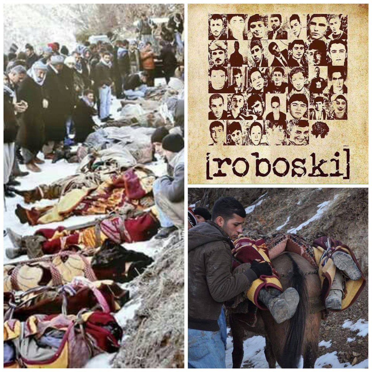 Kolbarnews_En's tweet photo. #Turkey #Kurdistan
❗️Roboski: The Shame That Lingers on Erdogan's Government Forehead
Twelve years ago, the #Turkish #military attacked a group in #Roboski, described as 'smugglers.' These #Kolbars were #bombarded by the #Turkish_army while crossing the #border in the Roboski region, also known as #Uludere.
In this attack, 34 people were #killed. The shattered bodies of these Kolbars were transported from the rugged #mountains to the cities by horses. Advanced #Turkish_Air_Force fighter jets were used in this assault.
Roboski #massacre occurred in the district of #Şırnak province, situated on the border between #Turkey and #Iraq, where among the 34 killed Kolbars, 19 were #children, most of whom were members of one #family or relatives.
Despite 12 years passing since this massacre, the Turkish #government still hasn't been held accountable for the army's actions, nor has it raised any complaints on behalf of the victims' families.
Despite public outcry, none of the #political parties supported conducting a #national or even #international investigation to examine the reasons behind the attack and the motive behind the killing of children.
The #Turkish_government, in #violation of the rights of #Kurds in the country, even disallowed the families' complaints from being submitted to the #European_Court of #Human_Rights.
#Kolbarnews
#JinaAmini
#MahsaAmini
#protest