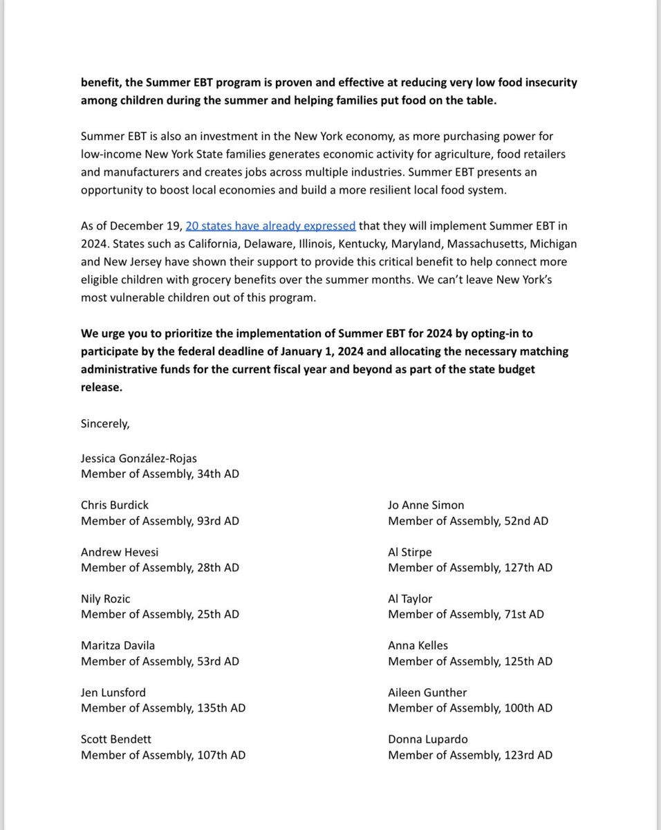 NEW: I’ve sent a letter to @GovKathyHochul urging her to opt into Summer EBT by the Jan 1st deadline. 2 million NY students would benefit and with hunger on the rise we must act. Thank you to my 31 colleagues, Dems & Republicans who signed on & @NoKidHungryNY for leading.