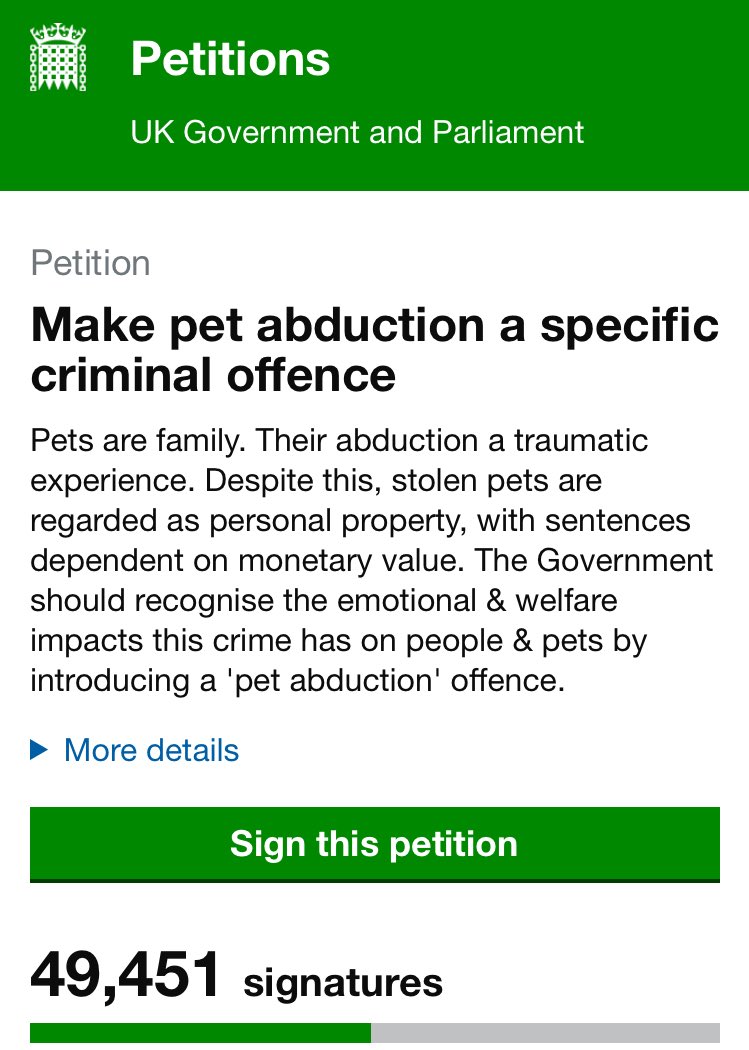 Last chance to sign the petition to make #PetTheft a specific criminal offence!  Will we make 50,000 signatures by midnight 🙏🏻🎄🐾❤️🐾

petition.parliament.uk/petitions/6401…

#PetTheftReform #PetAbduction THANK YOU FOR YOUR HELP 🎄⭐️