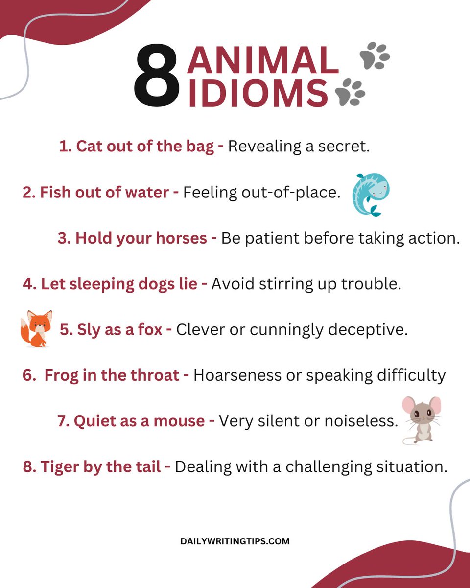 writing_tips's tweet image. These animal expressions bring a wild twist to the English language. Which one&apos;s your favorite?