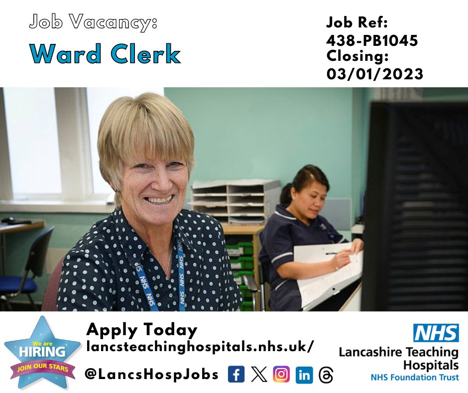 LancsHospJobs's tweet photo. Job Vacancy: Ward Clerk @LancsHospitals 

⏰Closes: 03/01/2024

Read more and apply: https://t.co/cDTfZHlH1H

#NHS #NHSjobs #Lancashire #LancashireJobs #Preston #WardClerk #Burns #PlasticSurgery https://t.co/2rK2TGrHVl