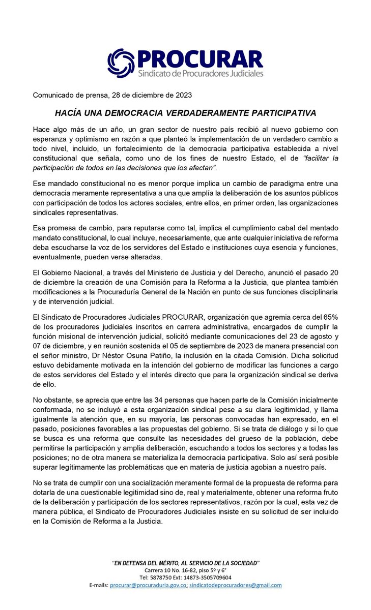 PROCURAR #Méritoalserviciodelasociedad (@sprocurar) on Twitter photo Comunicado de prensa sobre la exclusión del Sindicato de Procuradores Judiciales- <a href="/SProcurar/">PROCURAR #Méritoalserviciodelasociedad</a> en la conformación de la Comisión para la Reforma a la Justicia. Comunicado de prensa sobre la exclusión del Sindicato de Procuradores Judiciales- <a href="/SProcurar/">PROCURAR #Méritoalserviciodelasociedad</a> en la conformación de la Comisión para la Reforma a la Justicia.