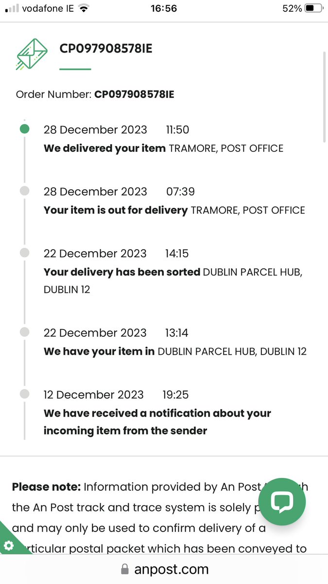 Well done <a href="/Postvox/">An Post</a> I won’t be using your service as a preferred shipper for Xmas 2024. My package in Ireland well before Xmas and only delivered today 😡#terribleservice