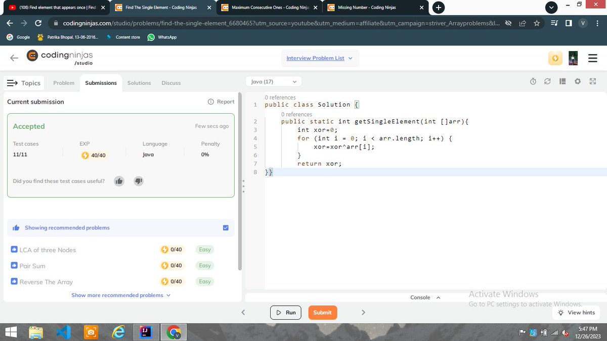 Vijayashri21562's tweet image. 🚀 Day 41 of #100DaysOfCode ! 💻 Tackled three awesome array problems:
1️⃣ Find the Missing Number🔍 !
2️⃣ Maximum Consecutive Ones:📈
3️⃣Find the Number that Appears Once🕵️♂️ Spotted the lone ranger!
Simple, tricky, and loads of coding fun! 🚀 #ArrayMagic #Java #DSAWithKunal ✨
