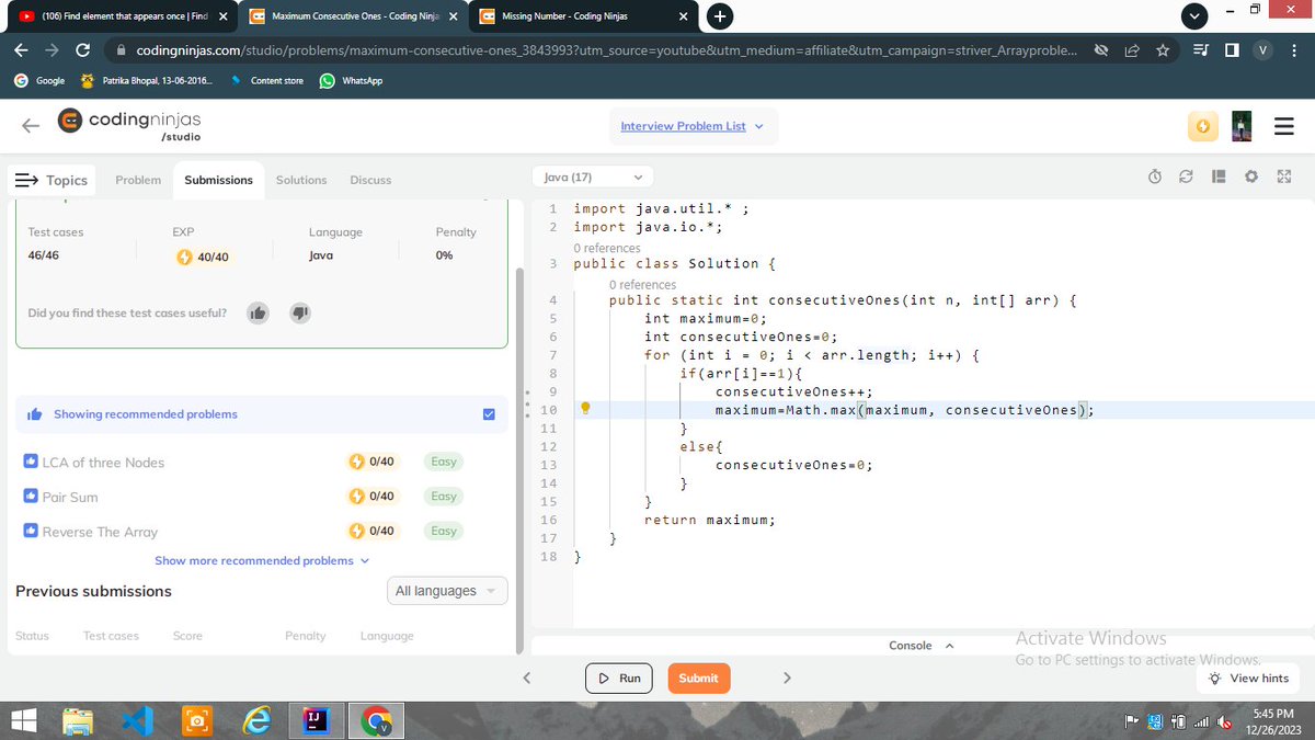 Vijayashri21562's tweet image. 🚀 Day 41 of #100DaysOfCode ! 💻 Tackled three awesome array problems:
1️⃣ Find the Missing Number🔍 !
2️⃣ Maximum Consecutive Ones:📈
3️⃣Find the Number that Appears Once🕵️♂️ Spotted the lone ranger!
Simple, tricky, and loads of coding fun! 🚀 #ArrayMagic #Java #DSAWithKunal ✨