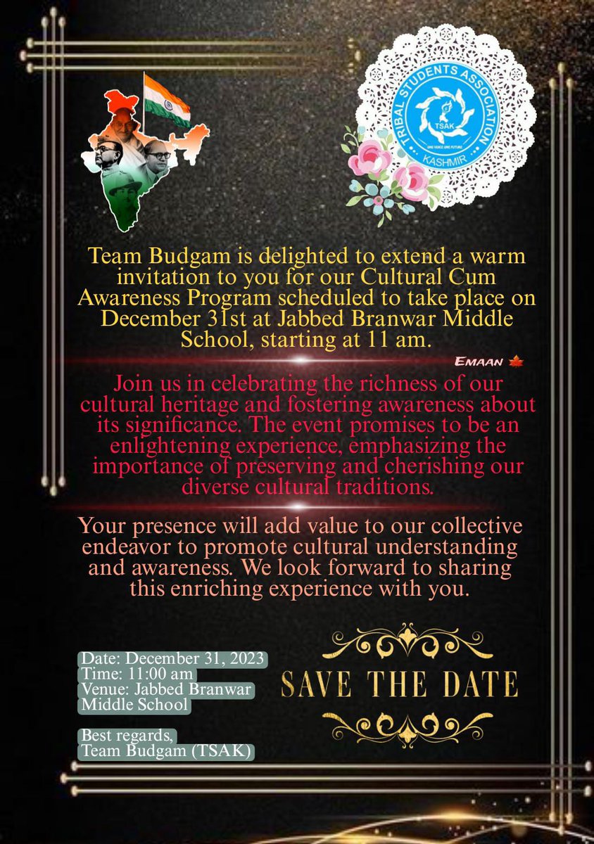 ChoudharyAzha11's tweet photo. Do join @TSAKashmir  at Jabbed Baranwar Middle School Budgam On 31st December at 11.00am for the Cultural cum awareness programme. TSAK budgam will announce various Free Coaching Centres in budgam for students #TSAKFreeClasses 
@DC_Budgam
@MBudgami 
@ZahidParwaz 
@jktrinstitute https://t.co/nJGtS4aQjc