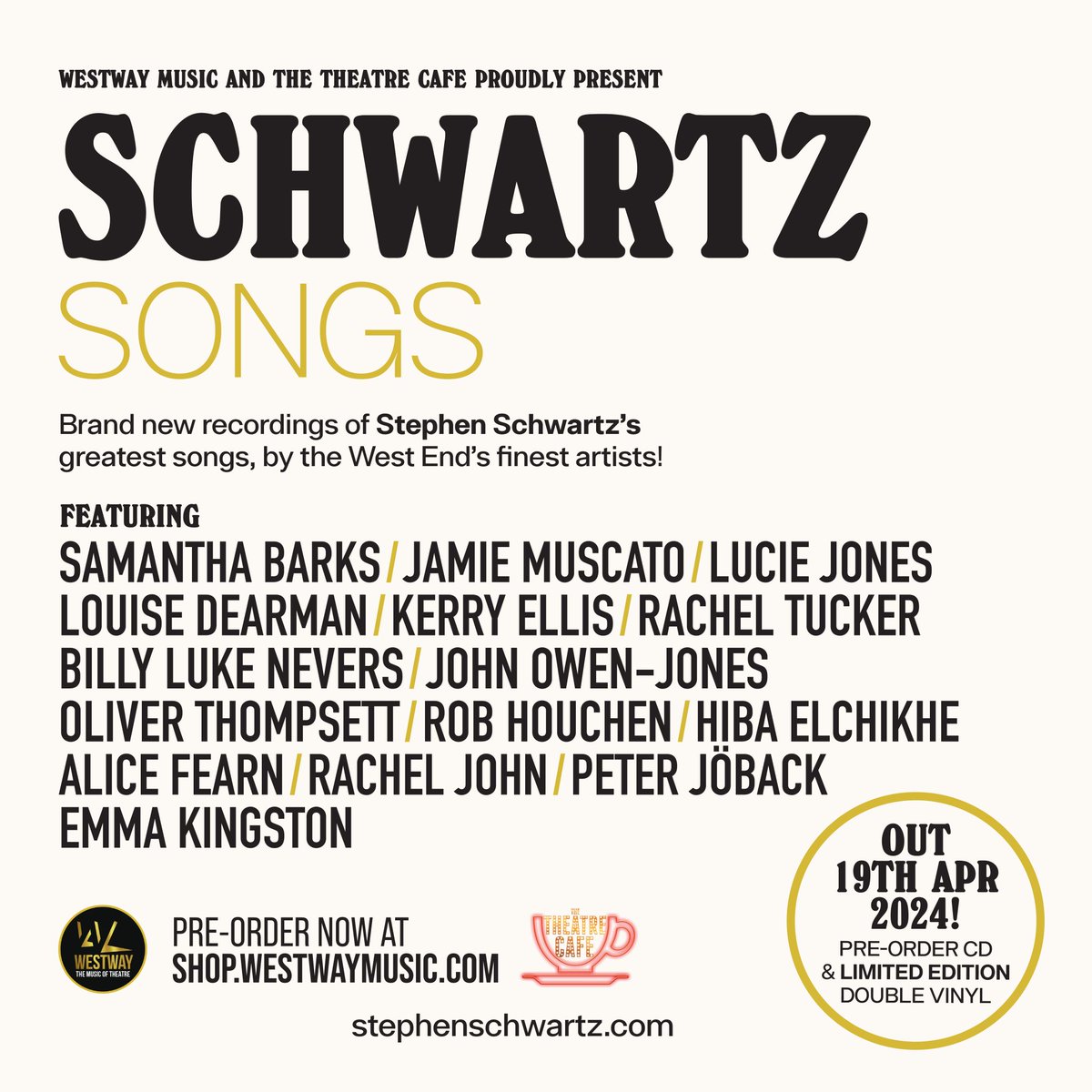 💿 New year, new album! 💿 In collaboration with @thetheatrecafe, we're releasing an exciting collection of Stephen Schwartz songs performed exclusively by West End stars! Released on April 19th 2024, you can pre-order it RIGHT NOW on our website 👉 shop.westwaymusic.com/product/121945