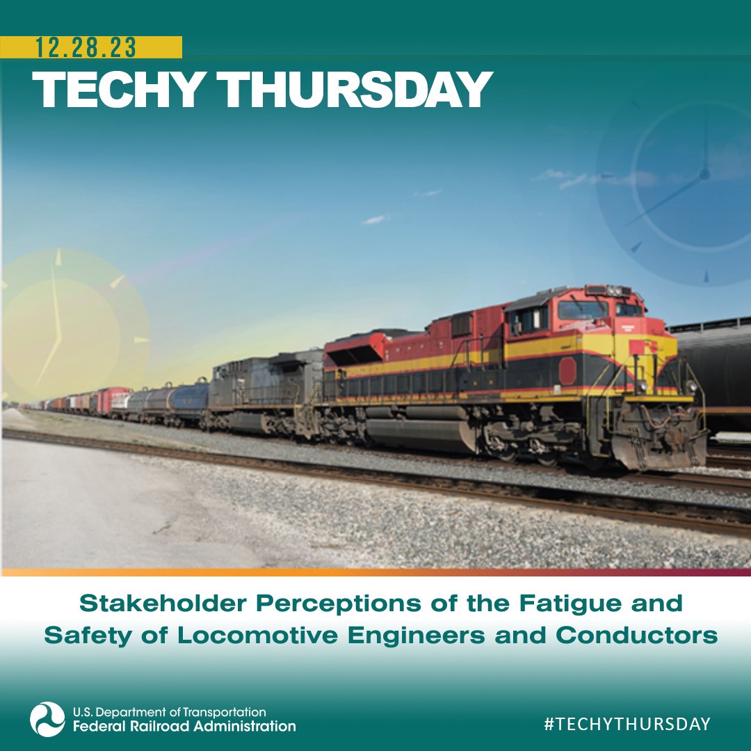 USDOTFRA's tweet image. #TechyThursday: FRA sponsored a study by Virginia Tech Transportation Institute to investigate stakeholder perspectives and opinions on the fatigue and safety of freight locomotive engineers and conductors. Learn more here:  tinyurl.com/2payp2zr